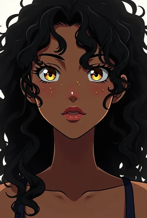 A woman in anime style "Jujutsu Kaisen" with black skin, long curly black hair, golden eyes, long nose,  thick, full lips and some birthmarks similar to moles on the face.