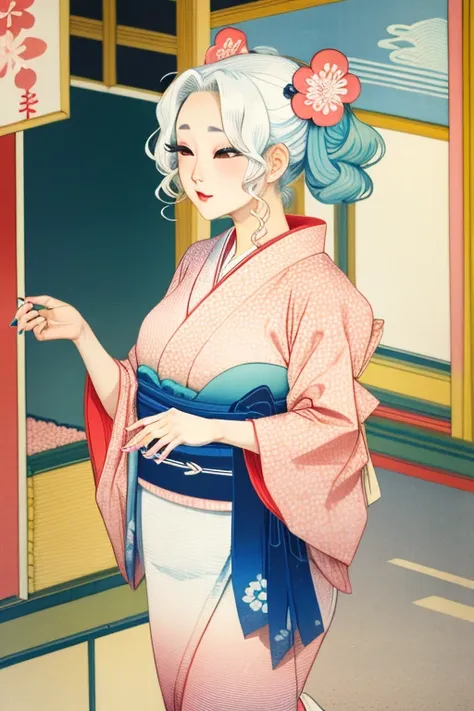 One Girl, Best Quality, Ukiyo-e style, Hokusai Style, Bon Odori, Summer Festival, Dancing Gal, Young woman, White Hair, Twin tails, Curly Hair, False eyelashes, The makeup is heavy, The skin is tanned, A yukata with a white base and fluorescent pink and li...