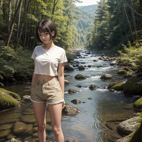 A beautiful girl with short hair, wearing a thin cream-colored T-shirt and shorts, standing with her legs spread apart in a stream, with a desolate forest in the background.