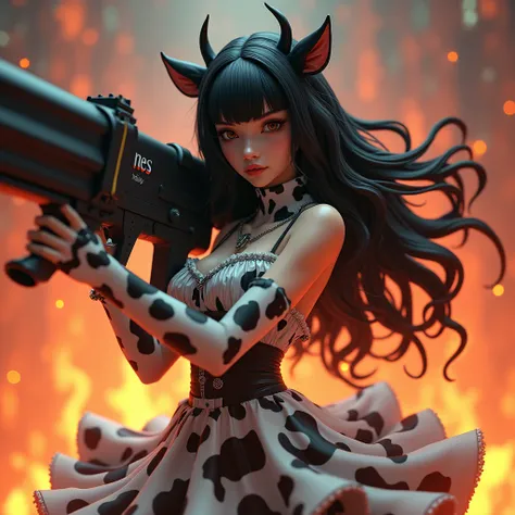 One Woman、whole body,Long Hair, Black Hair, Bangs, Wavy Hair,Holstein pattern frilled dress、3D Modeling,3DCG,Cow ear,3D Rendering, Background 1.0,White skin,The word RES on the collar,Flame Background、Equip the rocket launcher