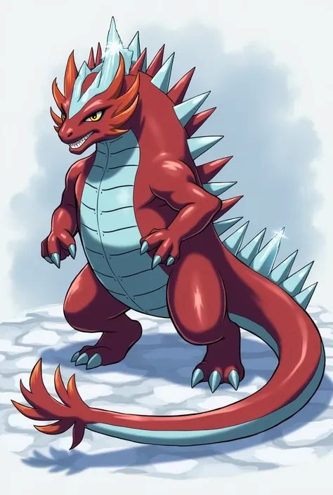 "Design the final evolution of a fire-type Pokémon/fire inspired by an iguana. This stage should feature a big and powerful Pokémon., with sharp ice scales protruding along its back and tail. Your body should be muscular and robust., with a design that com...