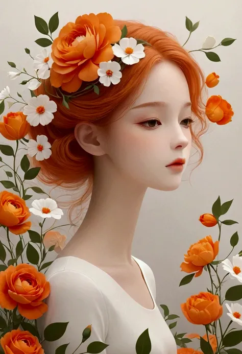 In victorian style, Beautiful details，simple，modern，advanced，cute，Color blocking，flowers，Orange，White，grid，line，illustration，vigor，pixar，