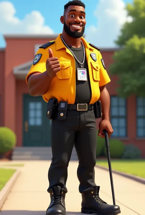 A tall thin black man smiling smooth face no beard making a thumbs up sign with his hand wearing black pants wearing a black t-shirt writing in yellow security guard wearing a boot wearing a truncheon a thin silver chain around his neck in the Disney Pixar...