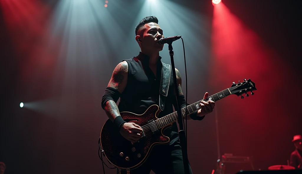 a man in assassin attire, Asian male, electric guitar, microphone, dark stage, intense lighting, glowing guitar, performing at rock concert, detailed face, detailed tattoos, muscular body, dynamic pose, hazy stage, concert atmosphere, high contrast, dramat...