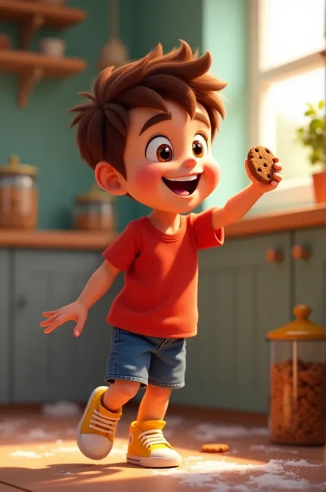 Character Name: Leo
Hair Style: Short, spiky brown hair
Face Description/Origin: Bright, cheerful face with big round eyes, light skin tone
Top Attire: Vibrant red t-shirt
Bottom Attire: Blue denim shorts
Footwear: Yellow sneakers with white laces
Backgrou...