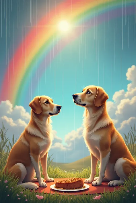  Beautiful dogs eating food beyond  colorful rainbow and rainfall 
