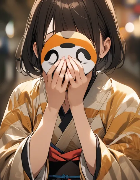 A woman with brown-black hair, wearing a penguin mask covering her face, wearing a kimono.