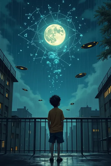 Image of a boy on the balcony looking at the starry sky with UFOs passing by. The sky is dark, a rainy day with a wet floor made of concrete, with the moon quite white positioned in the center and he looking forward, totally melancholic, with a lot of math...