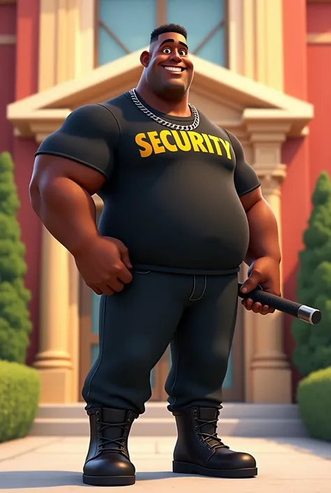 A black man smiling smooth face , making a thumbs up sign with his hand wearing black pants wearing a black t-shirt with yellow writing on it security guard wearing a boot wearing a baton a thin silver chain around his neck in the Disney Pixar style in fro...