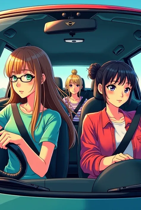 Image manga.
Vue de devant de lintérieur dune mini cooper 4 places.
Une femme conductrice aux cheveux longs détachés, brun clair aux yeux turquoise.

Une femme passagère aux cheveux très courts, blonde aux yeux bleus avec des lunettes.

Une femme passagère...