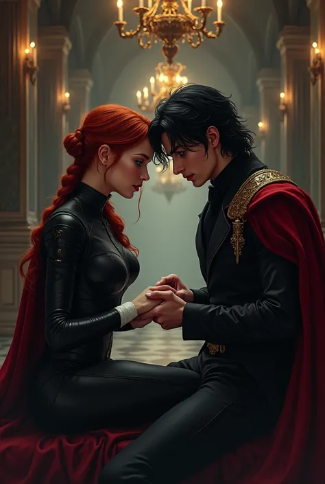 Create a beautiful redheaded woman with blue eyes, I have my hair tied back in a single braid, that he is wearing a black combat outfit, That next to her is a handsome prince with somewhat long black hair and green eyes who is dressed in a black suit with ...