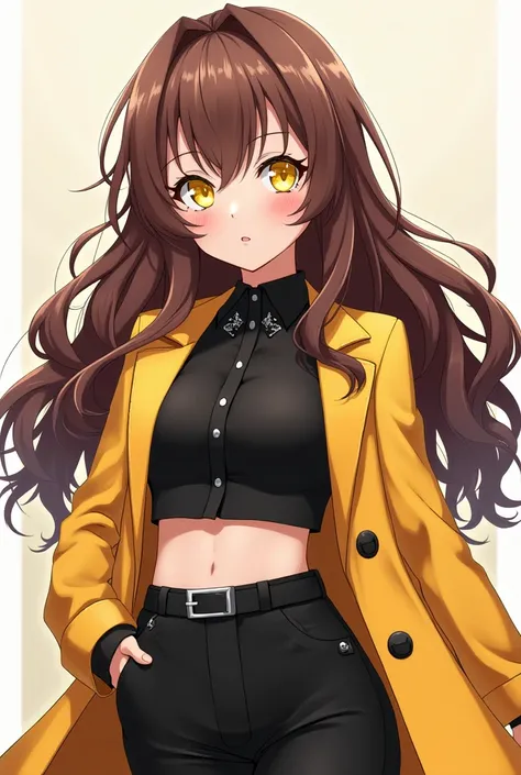 anime girl,long wavy brown hair,yellow coat,black cropped blouse with collar and black carpenter pants,bright yellow eyes