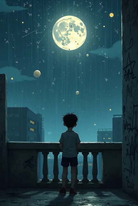 Image of a boy on the balcony looking at the starry sky with UFOs passing by. The sky is dark, a rainy day with a wet floor made of concrete, with a very white moon positioned in the center and he looking forward, totally melancholic, with a lot of math po...