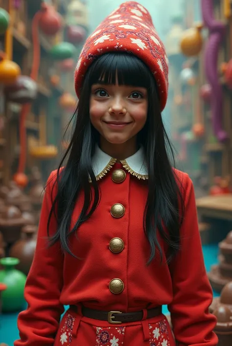 A short Brazilian woman with straight black hair wearing a red Impa Loompa from the Fantastic Chocolate Factory 