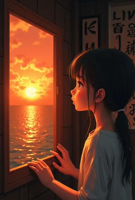 The girl looks at the light in front of her eyes in the window, yuumei style, light black and amber, letters and figures, bright water reflections, cabin core, joel robinson, Light orange and red --AR 4:7 --s 350 --niji 5 --chaos 4 --expressive style