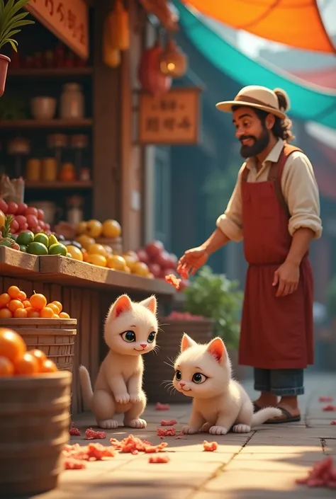 Cute kitten , searching for his mother, lost in a market , standing in front of a shop , shopkeeper giving meat