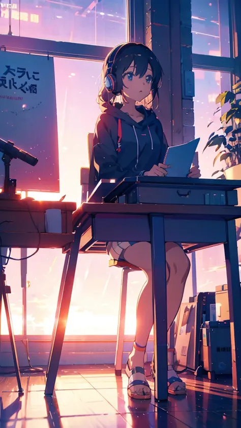 Anime girl sitting at a desk with headphones on and writing, Anime Style 4 k, Digital anime illustration, Digital anime art, Anime Style. 8k, Anime Moe Art Style, anime art wallpaper 4k, anime art wallpaper 4k, Anime Style illustration, Smooth anime CG art...