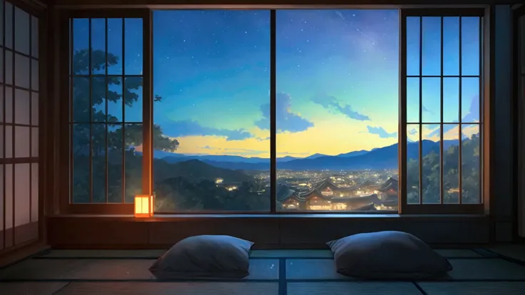 good night、yukata、Japanese-style room、night、window、A sky full of stars