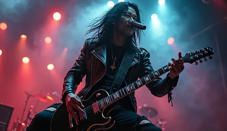 A male Asian assassin-inspired rocker, holding an electric guitar while singing into a microphone, on a smoke-filled concert stage, detailed face, beautiful detailed eyes, beautiful detailed lips, extremely detailed eyes and face, long eyelashes, high-ener...