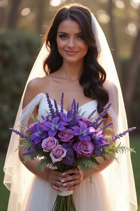 bride holding a boquet violet theme