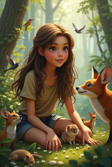 A brown haired teenage girl with animals