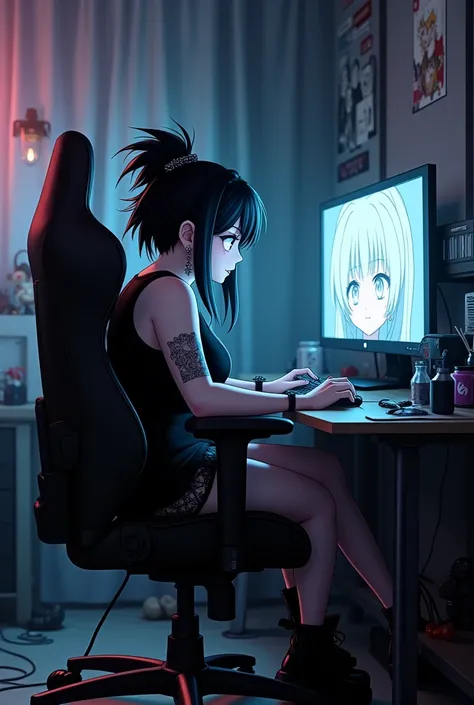 A chubby goth girl sitting at her gaming chair while hunched over the desk watching anime