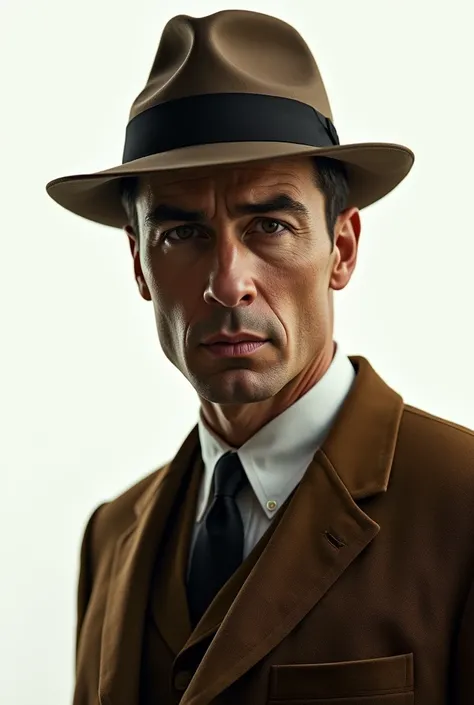 cillian murphy brown wearing suit and hat ,oppenheimer, cinematic , white background