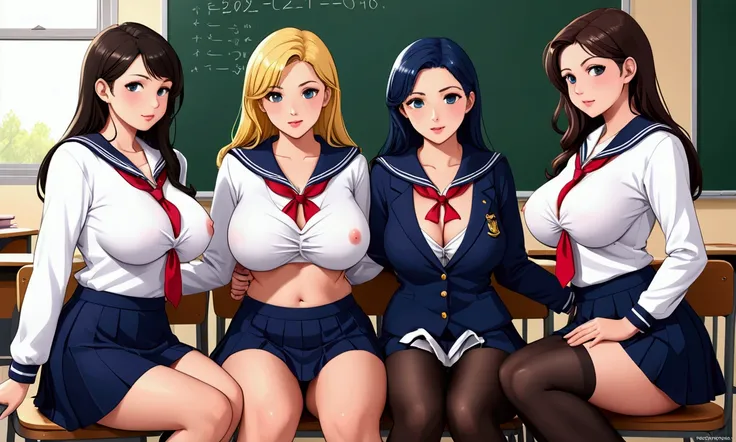 (extreme complexity, multiple subjects)A couple of sexy college girls (age 18, giga breasts, model face, big butt, hourglass figure, slutty sailor school uniforms), they are teasing caressing and pleasing their professor, their professor ((woman, age 40, s...