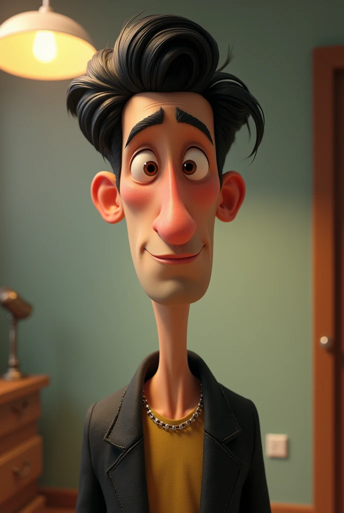 Tall boy, skinny, with black hair and a book cut, of brown tea, black eyed, naris agileña, thick lips, elongated face, pronounced chin. Pixar style image 