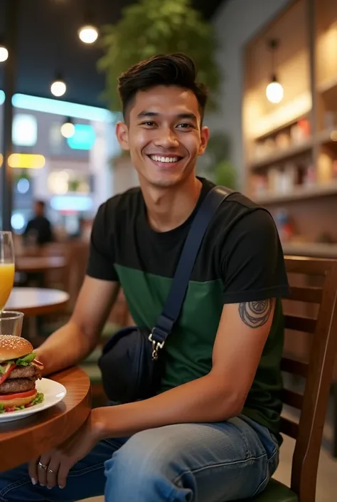 A handsome Indonesian man with very short hair, charming smile skinny body, black green t-shirt, blue jeans carrying shoulder bag blue shoes, sitting on a chair in a cafe in the mall at the table there is a glass of juice and a plate of steak and burger, e...