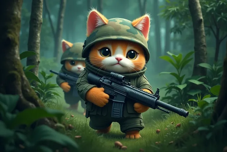 cute chubby anthropomorphic cats, detailed army camouflage uniforms, lush green tropical forest background, holding detailed machine guns, cinematic color grading, dramatic lighting, rich saturated colors, highly detailed, 8k, photorealistic