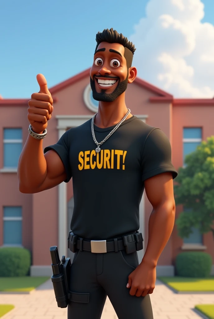 A thin black man smiling smooth face ,  no beard and no goatee,making a thumbs up sign with his hand wearing black pants wearing a black t-shirt with yellow writing on it security guard wearing a boot wearing a baton a thin silver chain around his neck in ...