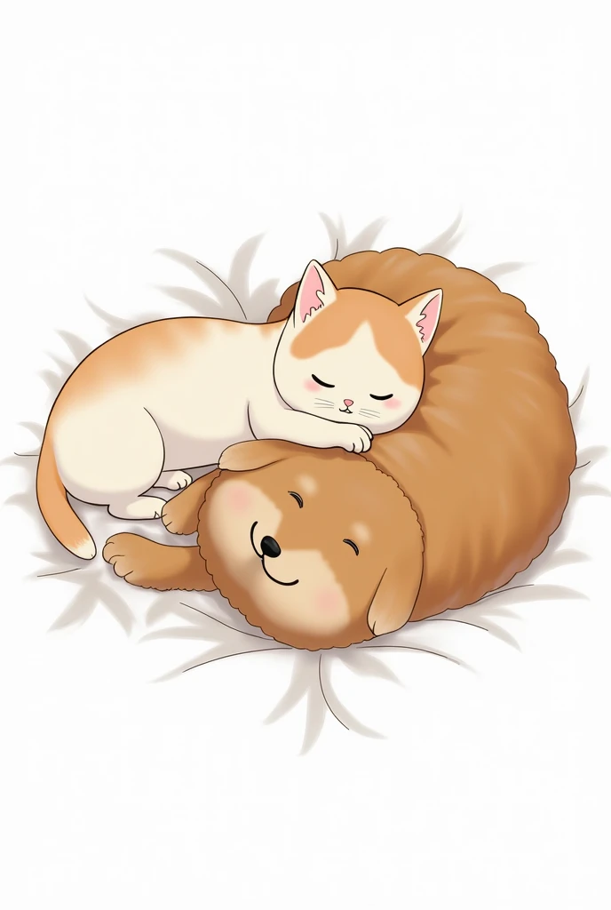 a cat and a dog relaxing together. the cat, with its soft, shiny coat, may be lying curled up in a comfortable position, with half-closed eyes and a slight purr. The dog, with its voluminous fur and alert ears, may be lying on the side, with the head resti...