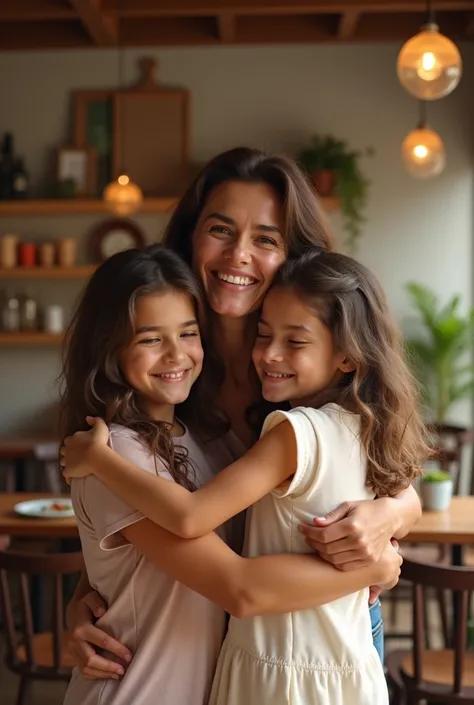 Brazilian woman with medium brown wavy hair, taking a picture in a restaurant with your daughter by your side and on the other side of you, your husband. Theyre embraced, They are not wearing swimwear, but with very light clothing