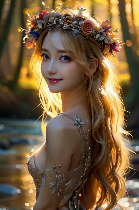 Very detailed, masterpiece, Cinematic Lighting Digital Photography, art,Surreal Paintings,girl, Blonde,Short hair,A happy smile,Muscular,sexy,suit,(masterpiece, Side light, complicated, elegant, Very detailed,river,elegant,crown,Gorgeous,Beautiful legs,Flo...