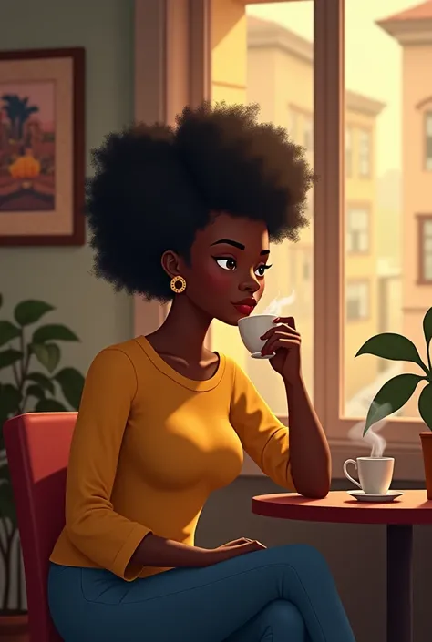 Nigerian woman sits comfortably in a quaint, cozy café, wearing a casual yellow top and sipping a steaming cup of tea. The café is softly lit with warm golden light, the walls adorned with local art, and the smell of freshly brewed coffee lingers in the ai...