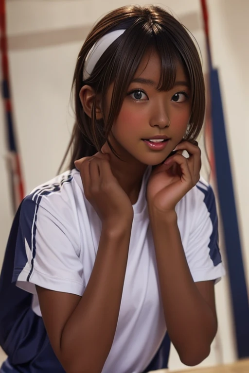 (((( one girl )))), Put your hand over your mouth、Beautiful breasts、 Brown eyes, ((Gal Hairstyles)) blonde, girl, (Eye and facial details:1.0), break, (masterpiece, Highest quality, Very detailed, Detailed face, 8k),( dark skin:2.05 ), (((( volleyball unif...