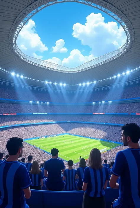 Make a stadium with fans wearing blue and white shirts and a mosaic
