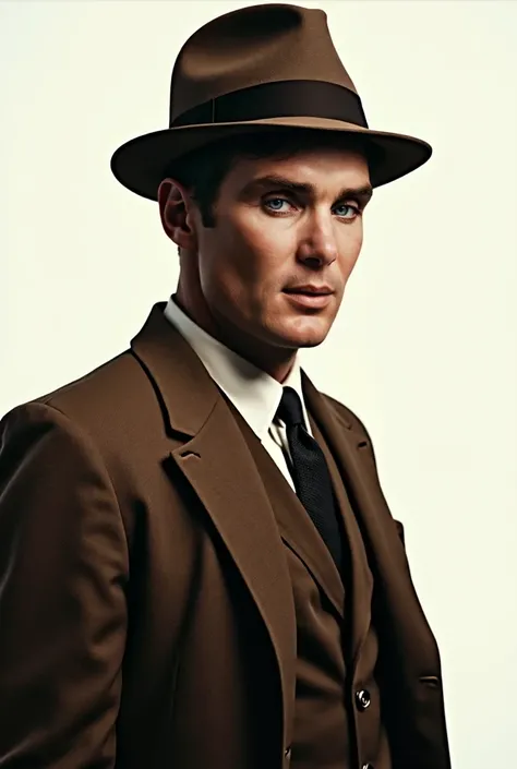 cillian murphy brown wearing suit and hat ,oppenheimer, cinematic , white background