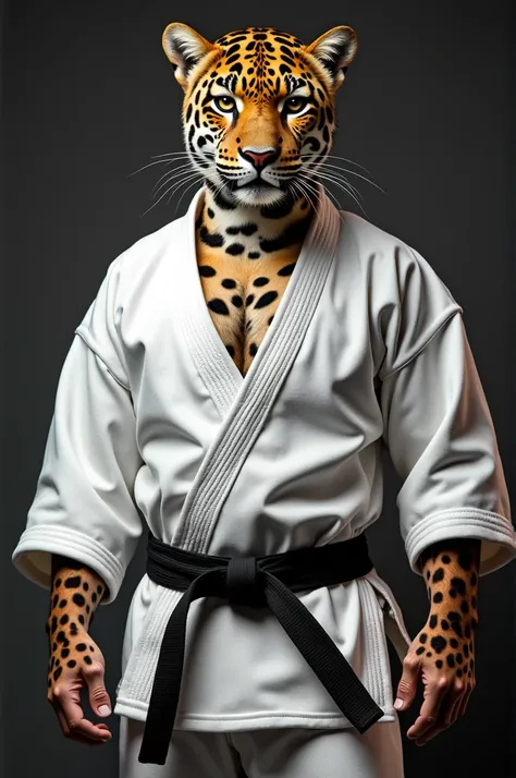 Strong and brave jaguar with jiu-jitsu kimono and black belt