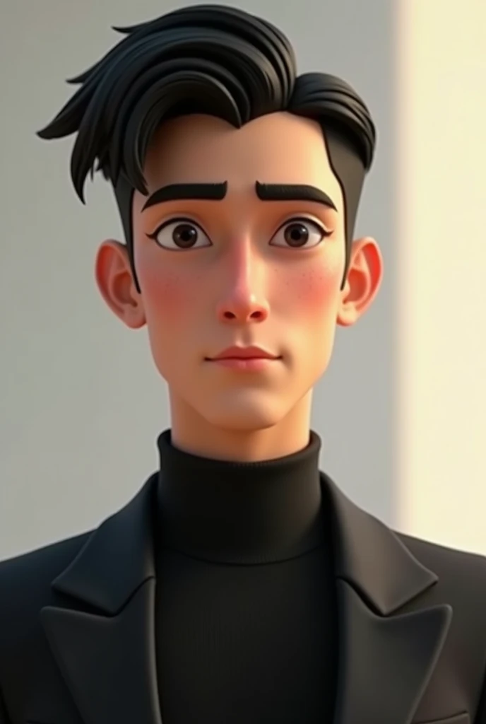 Tall boy, skinny, with black hair and a book cut, of brown tea, black eyed, naris agileña, thick lips, elongated face, pronounced chin, 20 years old, with a fixed and confident gaze, intelligent, in black suit. Pixar style image 