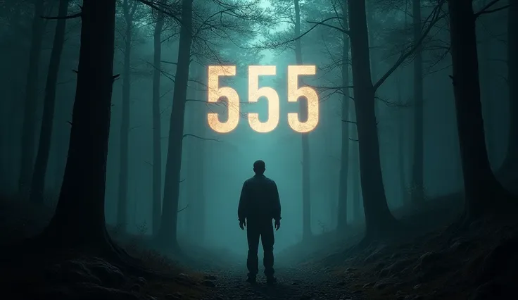 A person standing at the edge of a dark forest, with glowing numbers "555" hovering in the sky above. The chiaroscuro effect highlights the anticipation of change and transformation.