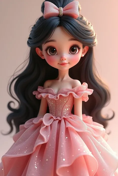 A little princess girl in 3D drawing in a  dress,rosa, full of shine, with beautiful details. long hair, long hair, black hair, Hair bow, shine, 