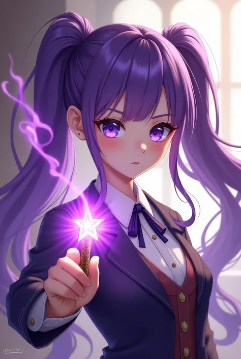 purple hair girl，Twin ponytails，Purple Eyes，Noble school uniform，Take the magic wand