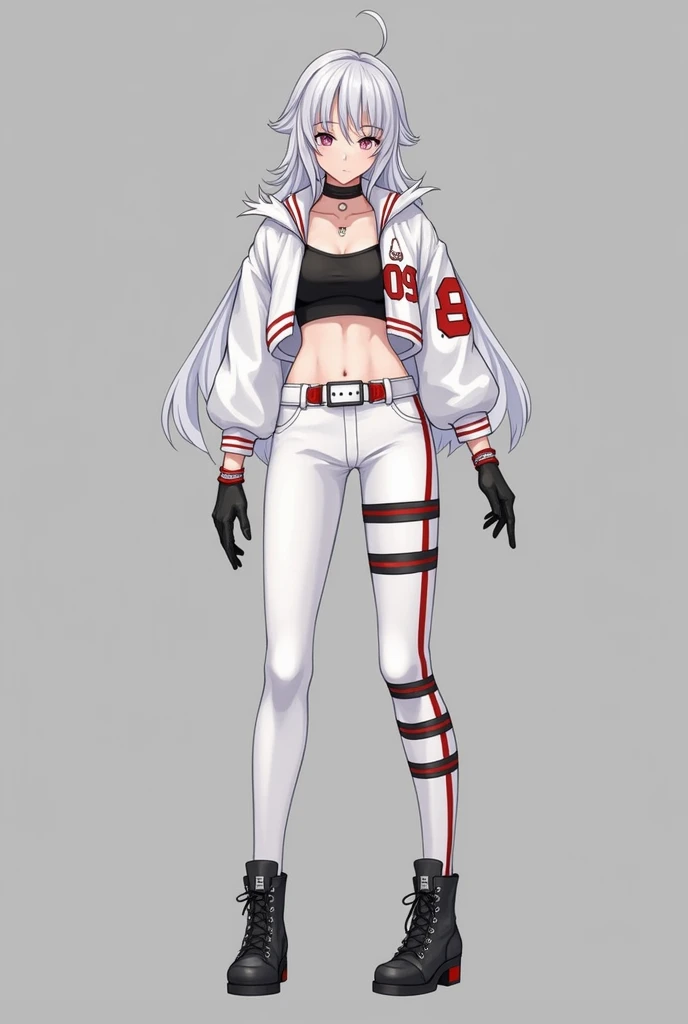 His clothing consists of a white jacket with long and short sleeves., with red details and the number "09" on the back, that leaves its abdomen exposed. Below, She is wearing a black crop top. Her tight pants are white with black lines on the sides., compl...