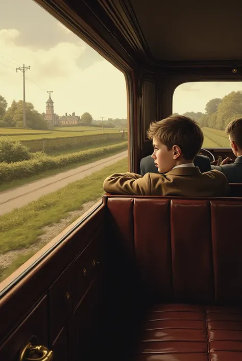 There is a vintage closed car on the road, a boy sitting on the last seat looking outside from the car window and his family also in the car, back pic of car vintage image 1900s in Britain 