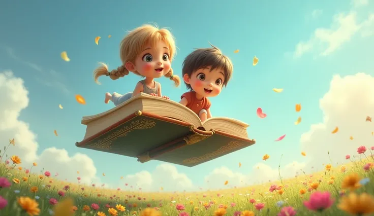 Two children on a flying book passing through an open field full of clouds and flowers on the ground. In landscape format that can be used as a PowerPoint background