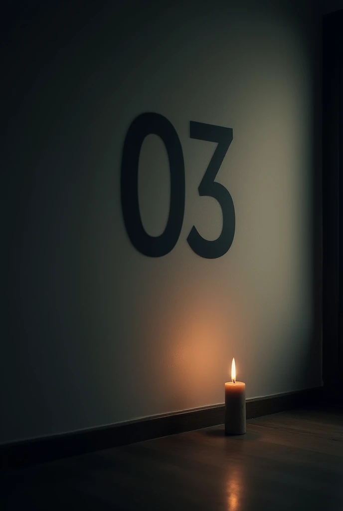 A closer picture of a dark night wall with a shadow of number "03". Number should be on the middle of that wall. The room has no light. The wall must be front faced and clean. Dont make the number look like a shadow of light. The number should look like it...