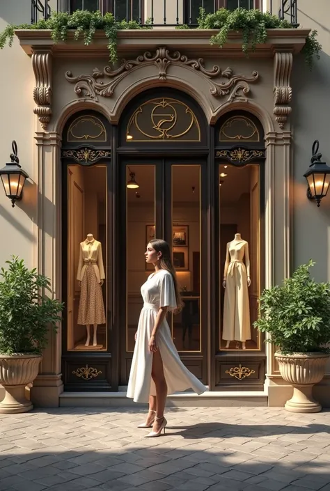 Create a background for this young woman behind a very elegant boutique