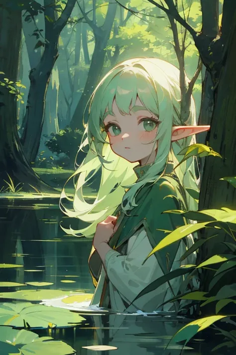 Best Quality　masterpiece　detailed　Elf Child　In the forest　Center of the pond　night　Of pale light　Fantasy　Delicate and vivid depiction of the forest　Green Theme　Beautiful Face　Overall view